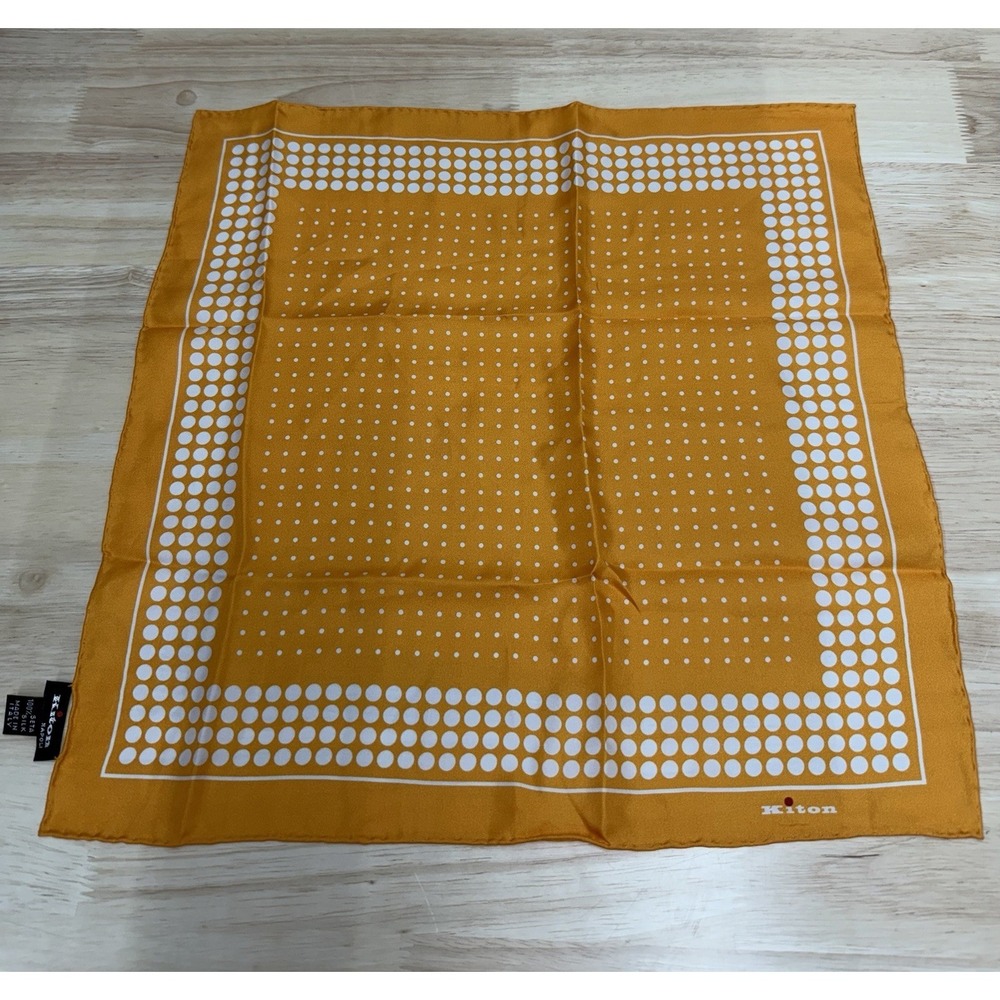 Kiton Napoli 100% Silk Orange Geometric Pocket Square Handkerchief Italy